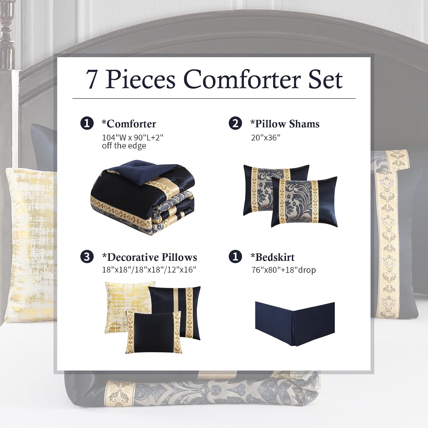 Finlonte King Size Comforter Set, Navy Blue Gold, 7 Piece Bed in a Bag for All Seasons, Luxury Vintage Floral Jacquard Damask Paisley Patchwork, Bedding Sets with Bedskirt, Shams and Decor Pillows