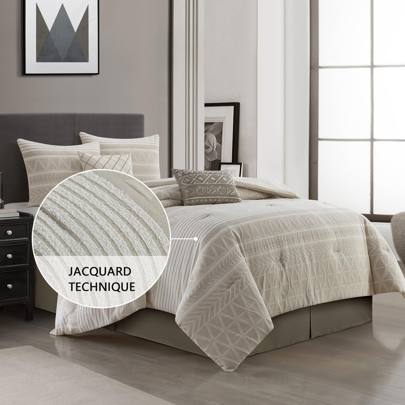 Grand Avenue Cotton Queen Size Comforter Set, 6 Piece, Beige Geometric Jacquard Bedding Set, Bedskirt, Pillows & Shams, Home Decor