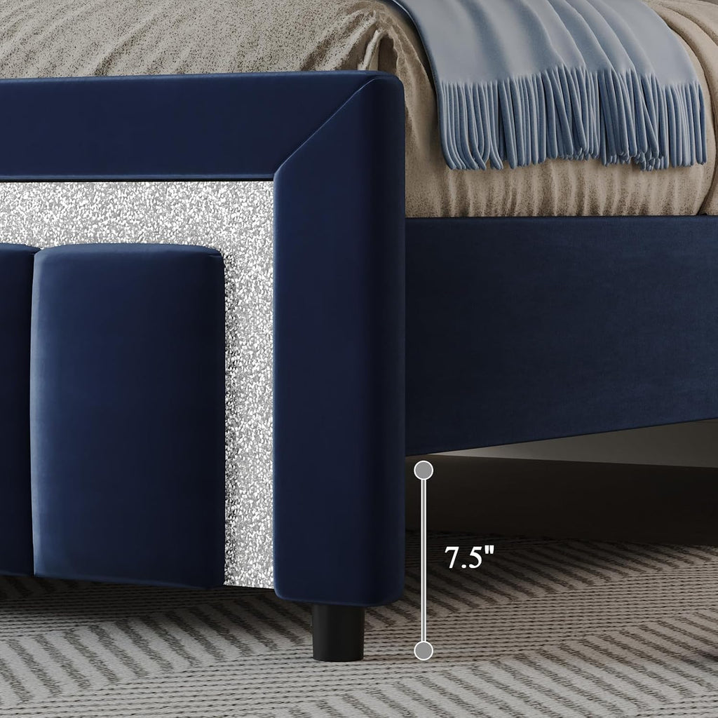 HOMBCK Queen Bed Frame with Headboard and Footboard and Footboard, Velvet Upholstered Platform Bed Frame with Diamond Design, No Box Spring Needed, Easy Assembly, Blue