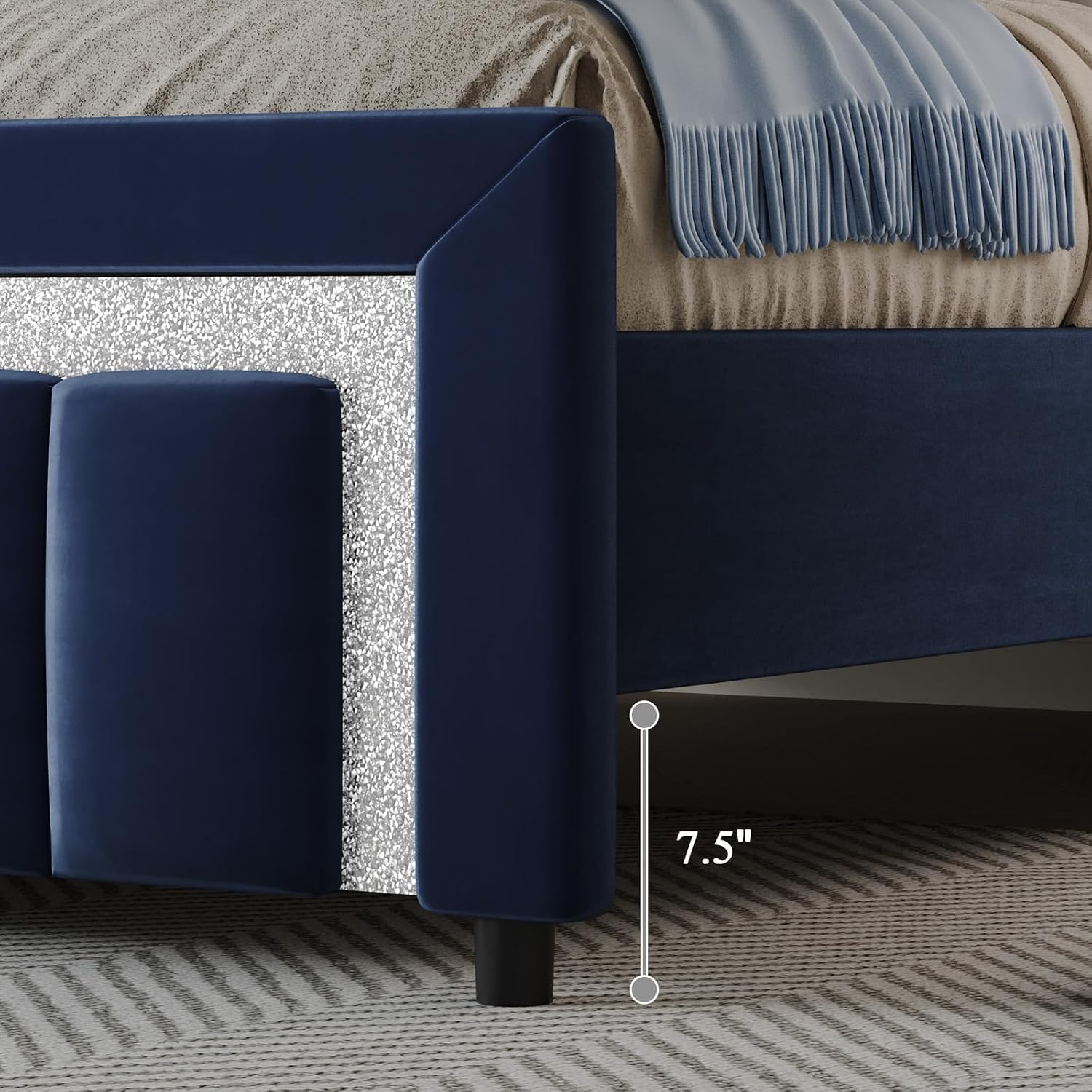 HOMBCK Queen Bed Frame with Headboard and Footboard and Footboard, Velvet Upholstered Platform Bed Frame with Diamond Design, No Box Spring Needed, Easy Assembly, Blue
