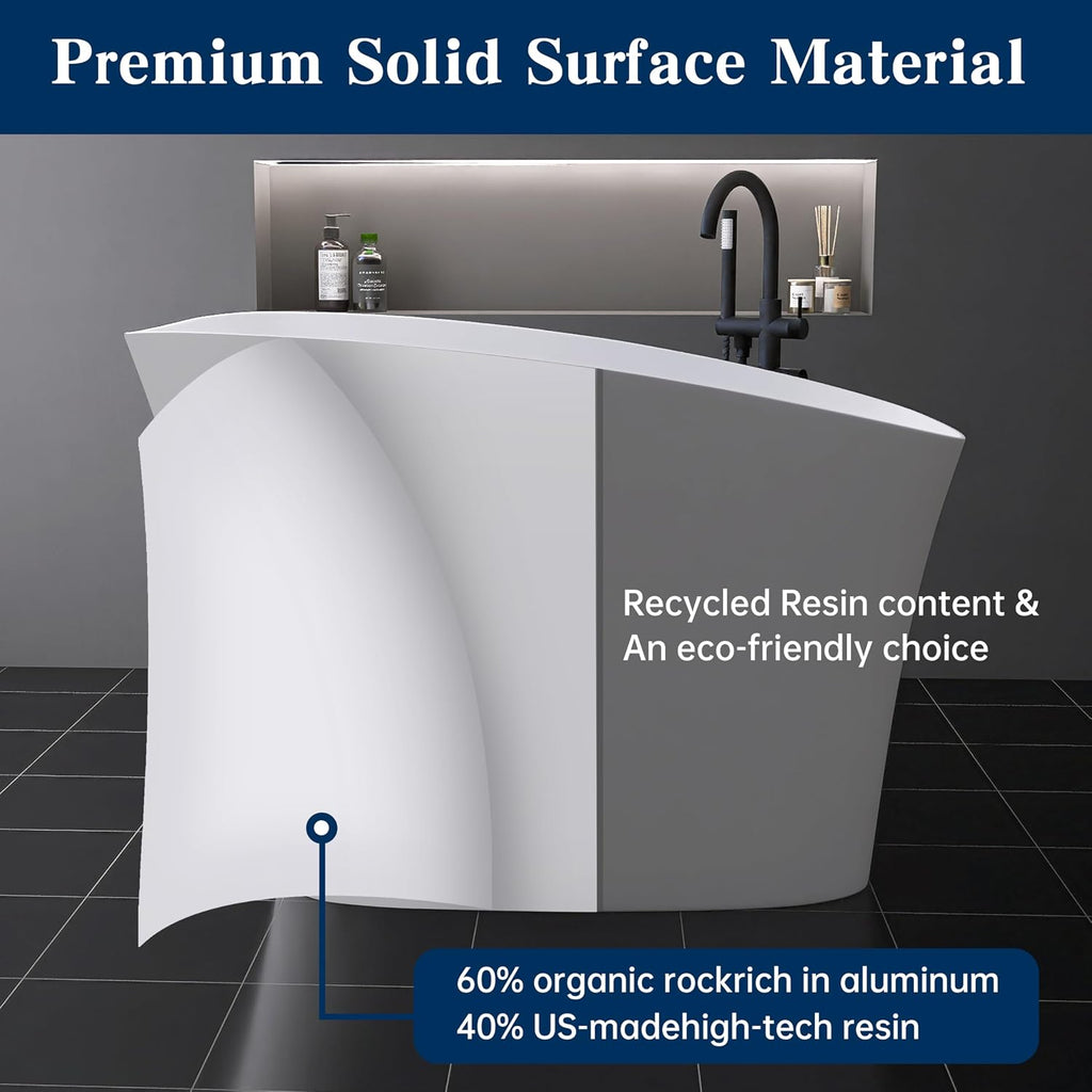 51'' Japanese Soaking Tub Freestanding Bathtub Resin Stone Bathtubs Deep soaking Tub with Overflow and Pop-up Drain - White