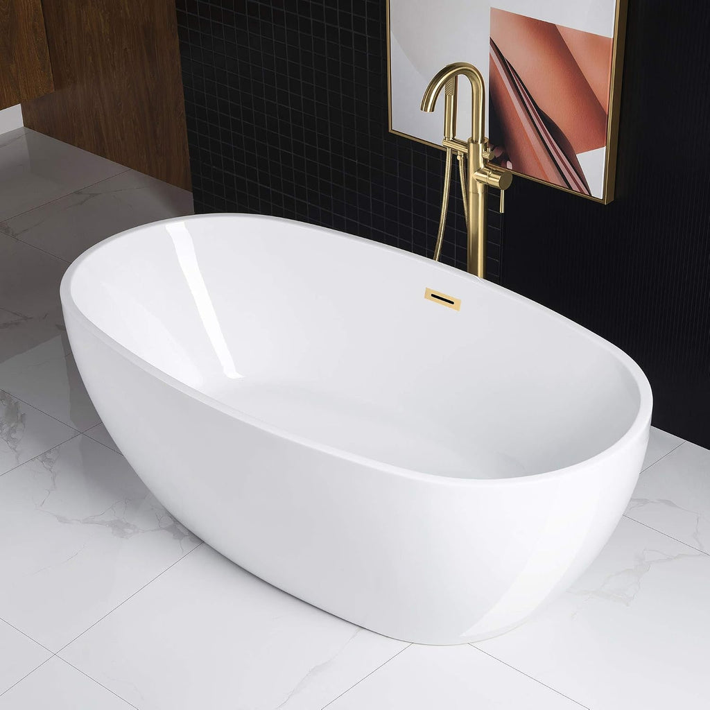 WOODBRIDGE 67' Acrylic Freestanding Bathtub Contemporary Soaking White Tub with Brushed Gold Overflow and Drain，BTA1528-BG