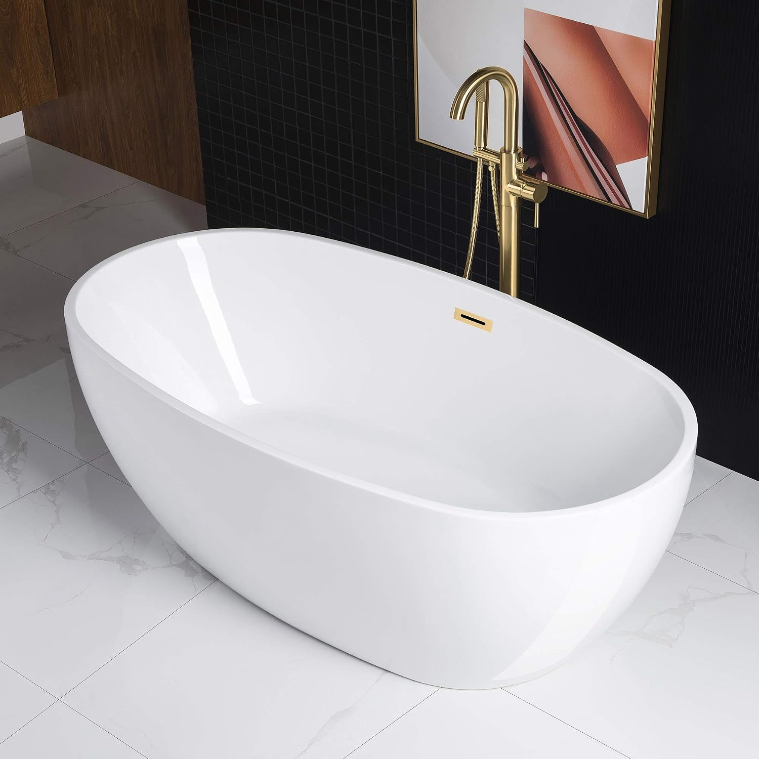 WOODBRIDGE 67' Acrylic Freestanding Bathtub Contemporary Soaking White Tub with Brushed Gold Overflow and Drain，BTA1528-BG