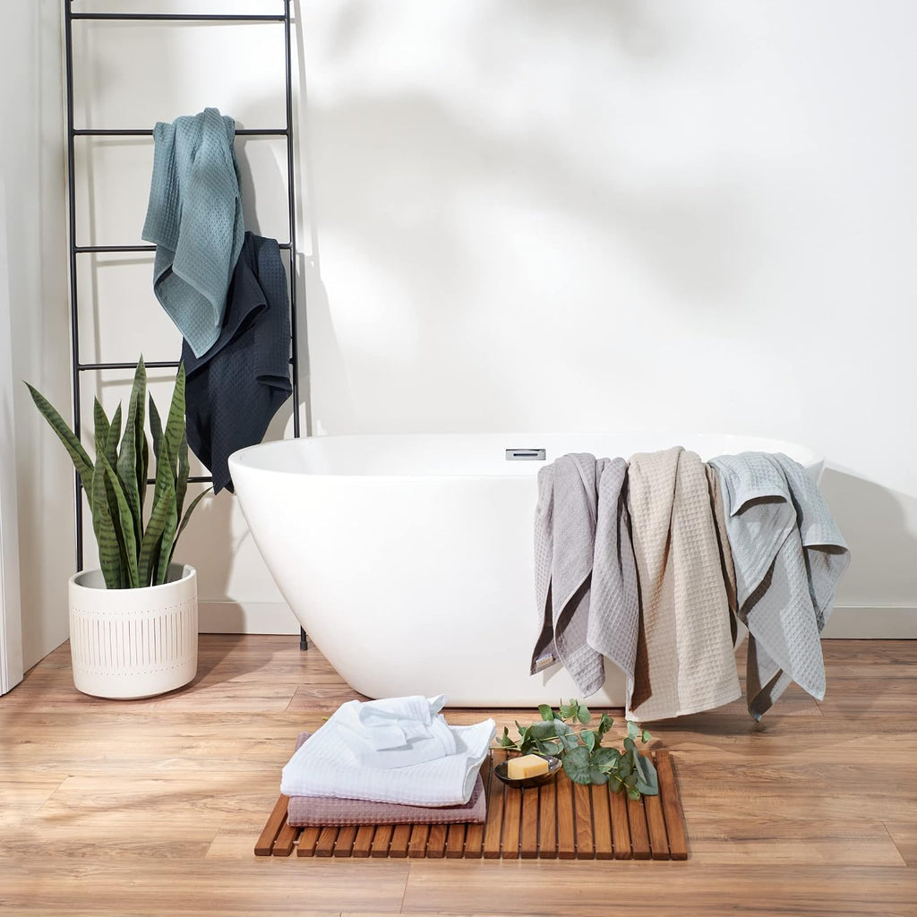UCHINO Waffle Twist Cotton Weave Towel Set for Bathroom – 2 Bath, 2 Hand, 2 Washcloths, Lightweight Absorbent Quick Dry Honeycomb Texture Solid Terry Loop Reverse, 6 Piece, Ocean