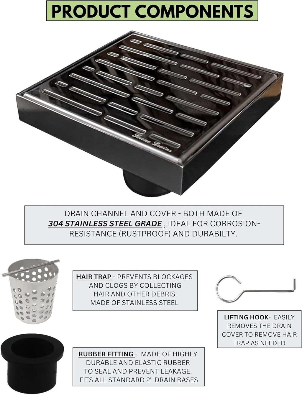 SereneDrains 304 Stainless Steel 6 Inch Square Polished Chrome Shower Drain Kit for Tile Floor Drain Grate Cover Hair Catcher Trap Strainer Filter (Polished Chrome, Broken Lane Design)