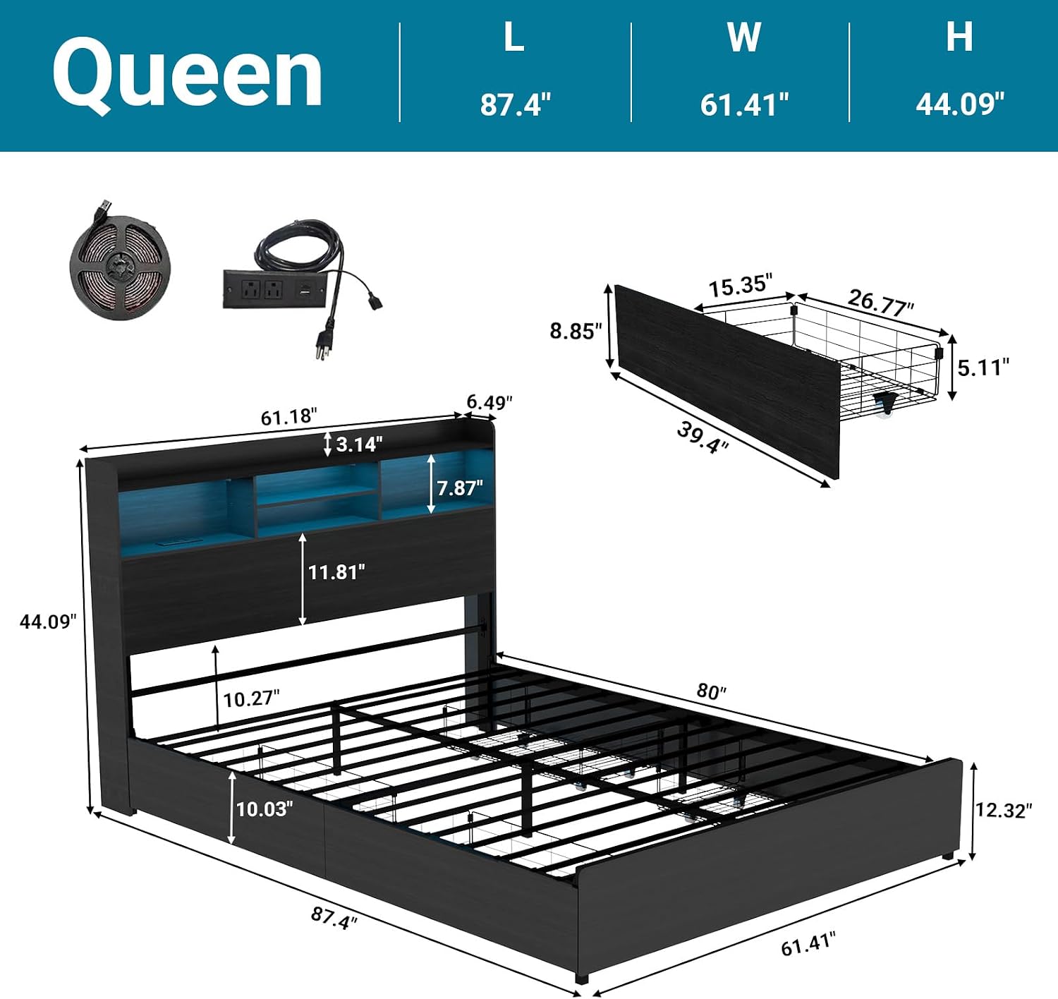 Kiivakii Queen Size Bed Frame with 4 Storage Drawers, LED Headboard with Charging Station, Metal Bed Frames, No Box Spring Needed, Noise Free, Stable and Solid, Black