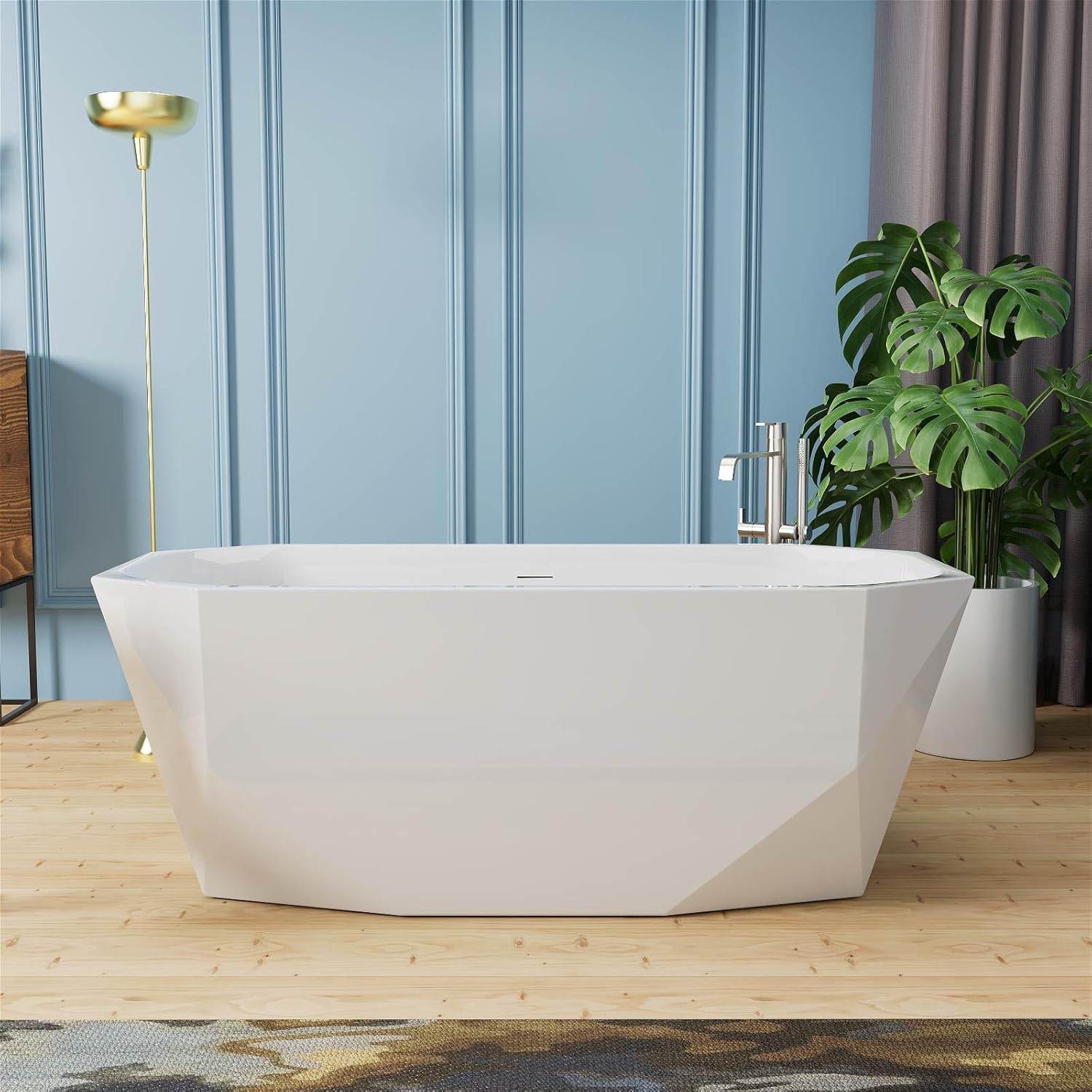 63' Acrylic Freestanding Bathtub, Irregular Diamond Shape Free Standing Tub, Soaking Tub with Integrated Slotted Overflow, Toe-Tap Chrome Drain, cUPC Certified, Glossy White