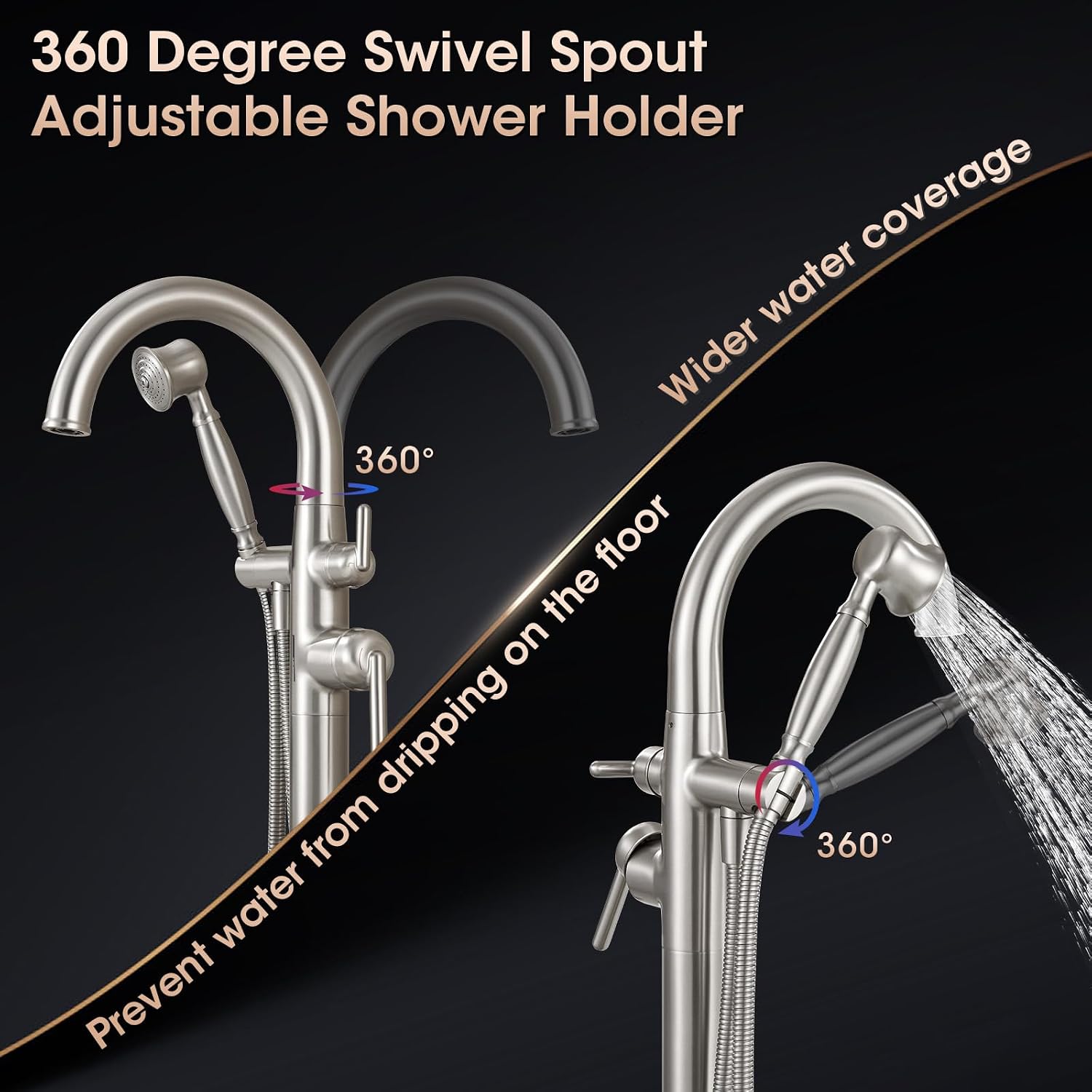 Brushed Nickel Freestanding Bathtub Faucet,Brass Floor Mount Tub Faucet High Flow Max 6.6GPM/60PSI with Hand Shower