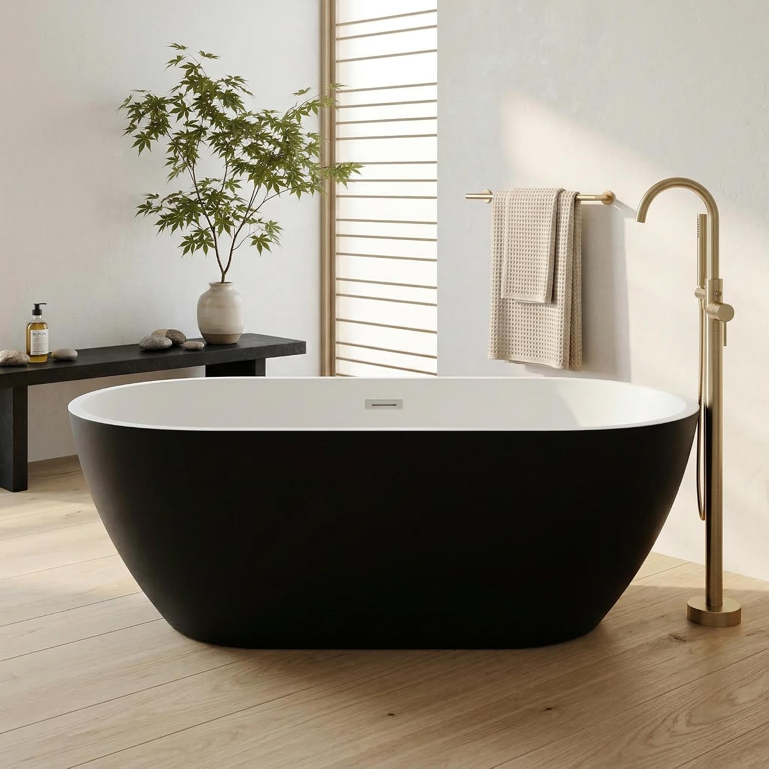 GarveeHome 67 Inch Acrylic Freestanding Bathtub, Deep Soaking Tub with White Interior Black Exterior, Modern Oval Stand Alone Bath Tub for Bathroom, Non-Slip, Easy Install, Chrome Overflow & Drain