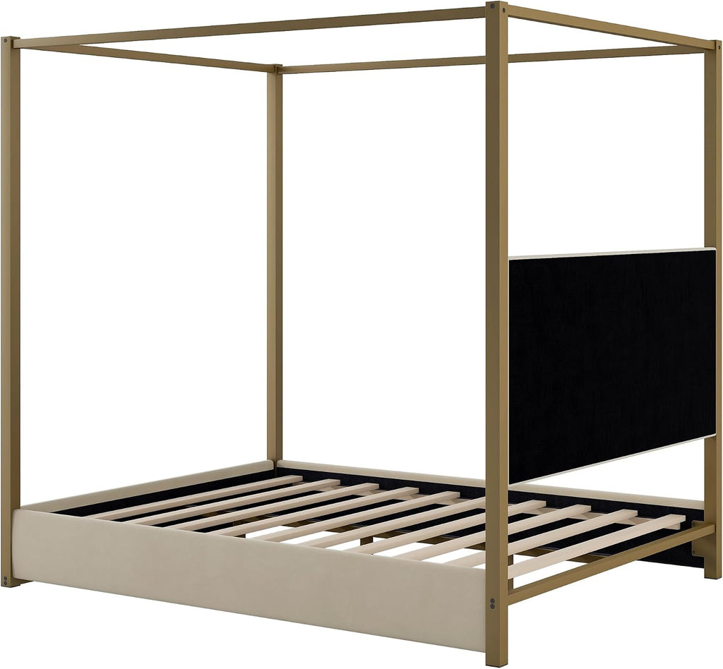 LUMISOL Queen Size Metal Canopy Bed Frame, 4 Poster Canopy Bed with Tall Upholstered Headboard, Upholstered Low Profile Canopy Platform Bed, No Box Spring Needed, Beige + Gold