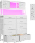 EnHomee 62.8' H Dresser for Bedroom with Multiple Fabric Drawers,White Dresser with Charging Station and LED Lights,Dressers & Chests of Drawers for Bedroom, Steel Frame & Wooden Top, Entryway