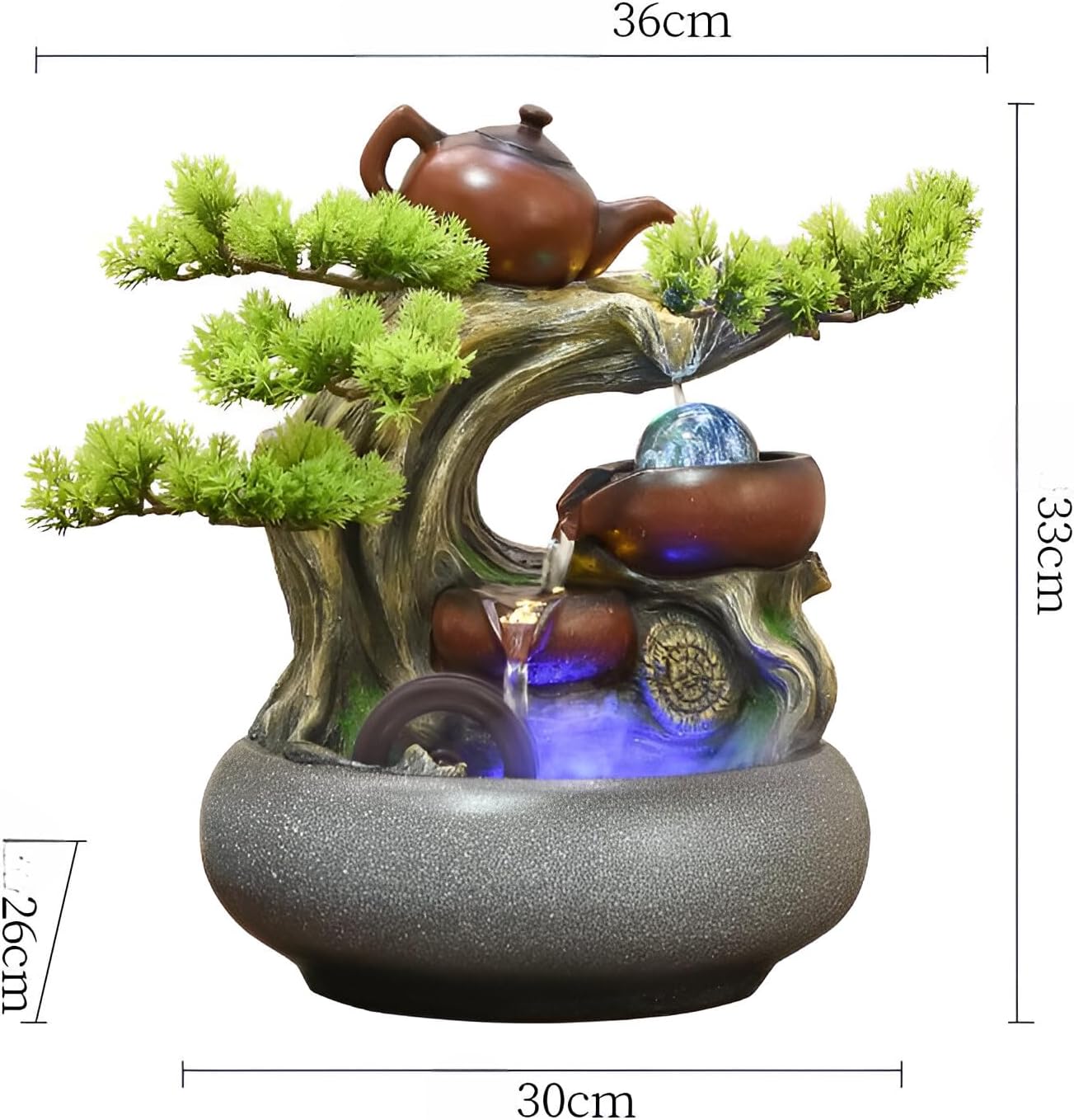15.75 Inch-Tabletop Ceramic Fountain&5 Tiers of Flowing Water&Zen+Free 10 Crystals-Suitable for Indoor Meditation&Landscape&Good Luck-Fogging&LED Color Lights&Tea Pot