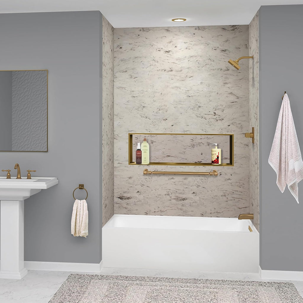 Transolid UATLN603220-R-CB Unity 60-in x 32-in x 20-in Alcove Acrylic Bathtub Kit With Right Hand Drain, White/Champagne Bronze