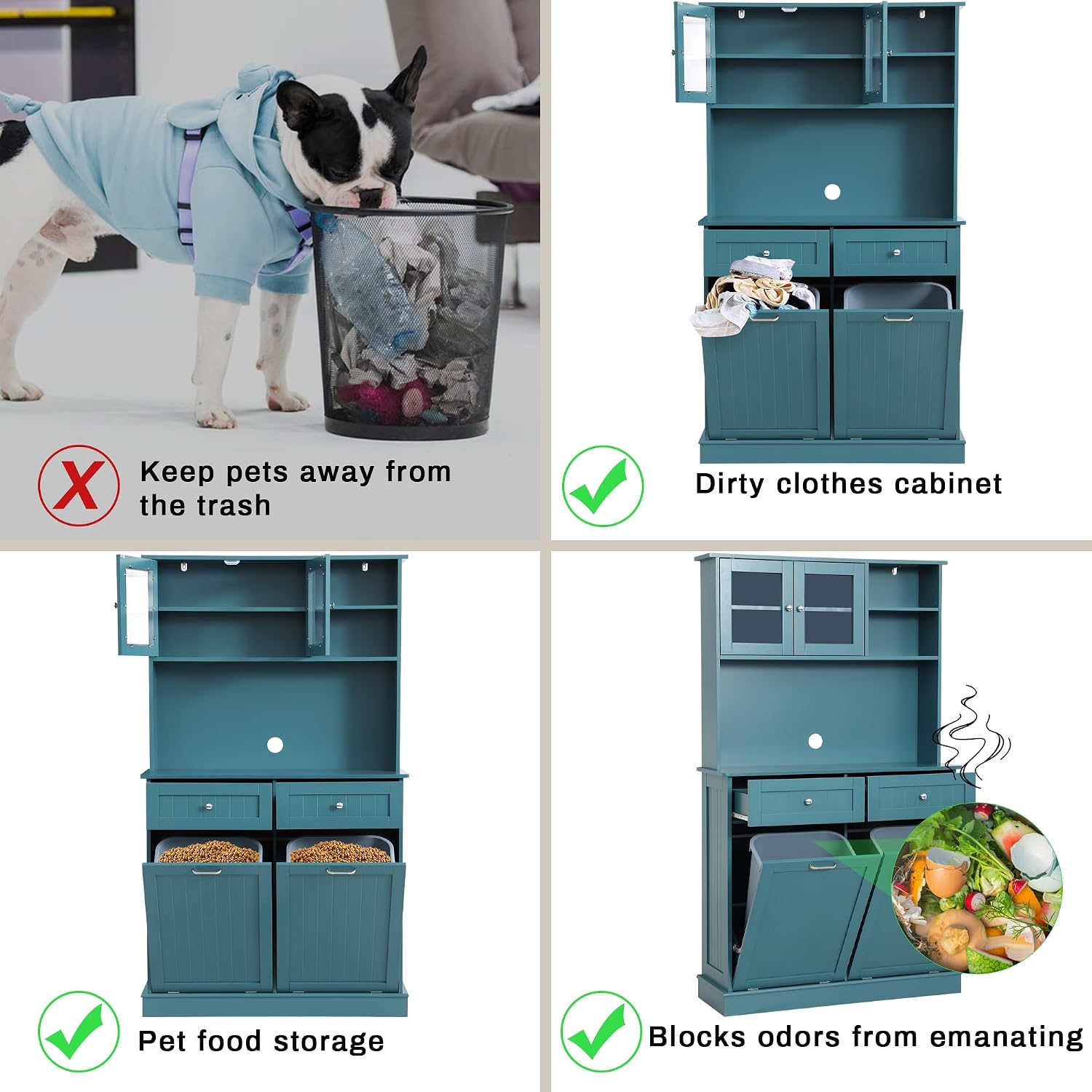 Double Tilt Out Trash Cabinet Storage Cabinet 20 Gallon with Two Solid Wood Hideaway Trash Holder Drawers, Dual Wooden Free Standing Recycling Cabinets Can Bin Kitchen (Teal Blue)