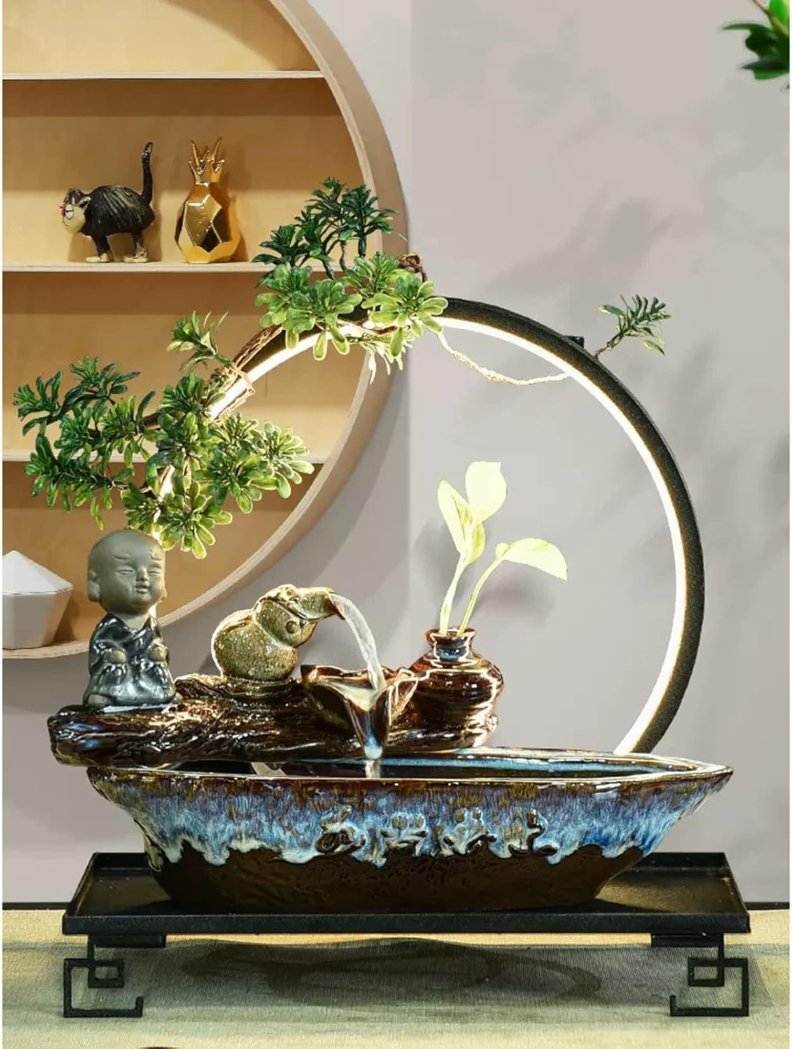 HIHELO Tabletop Fountain Indoor Relax Tabletop Fountain Waterfall Ceramic Tabletop Fountain with Black Metal Base and LED Lights Indoor Zen Tabletop Water Feature Indoor Fountain