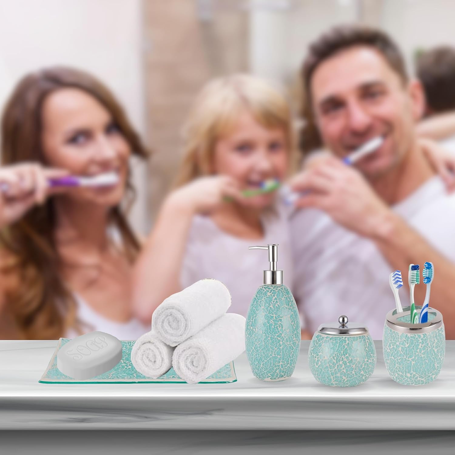 Modern Green Bathroom Accessories Sets 6 Pcs | Luxurious Toilet Brush, Small Trash Can, Glass Soap Dispenser, Toothbrush Holder, Cotton Glass Jar, Vanity Tray | Turquoise Bathroom Decor Mosaic Glass