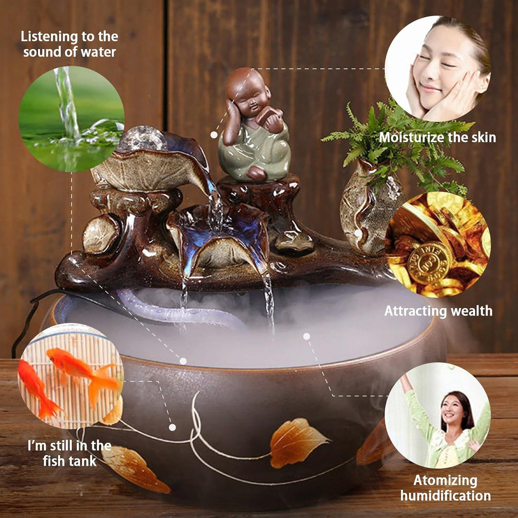 Tabletop Water Fountain, Mist Humidifier, Chinese Ceramic Desk Decor, Porcelain Indoor Feature for Living Room Office(E)