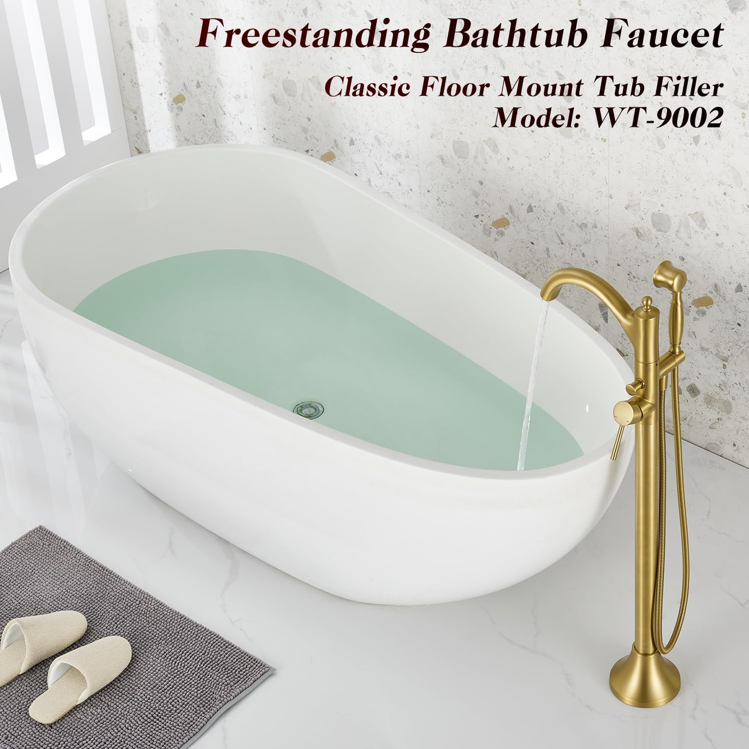 Free Standing Tub Faucet, Brushed Gold Classic Freestanding Bathtub Faucet with Vintage Hand Shower Brass High Flow Rate Floor Mount Tub Filler Swivel Spout Roman Tub Faucet Set (WT-9002BG)