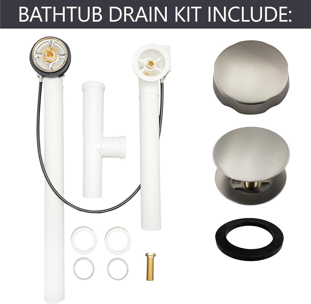 Westbrass A50P27TLE-20 27' Cable Drive Bath Drain Trim Kit with Rotary Overflow Cover Knob, European Stopper and Poly Tubular Pipes, Stainless Steel