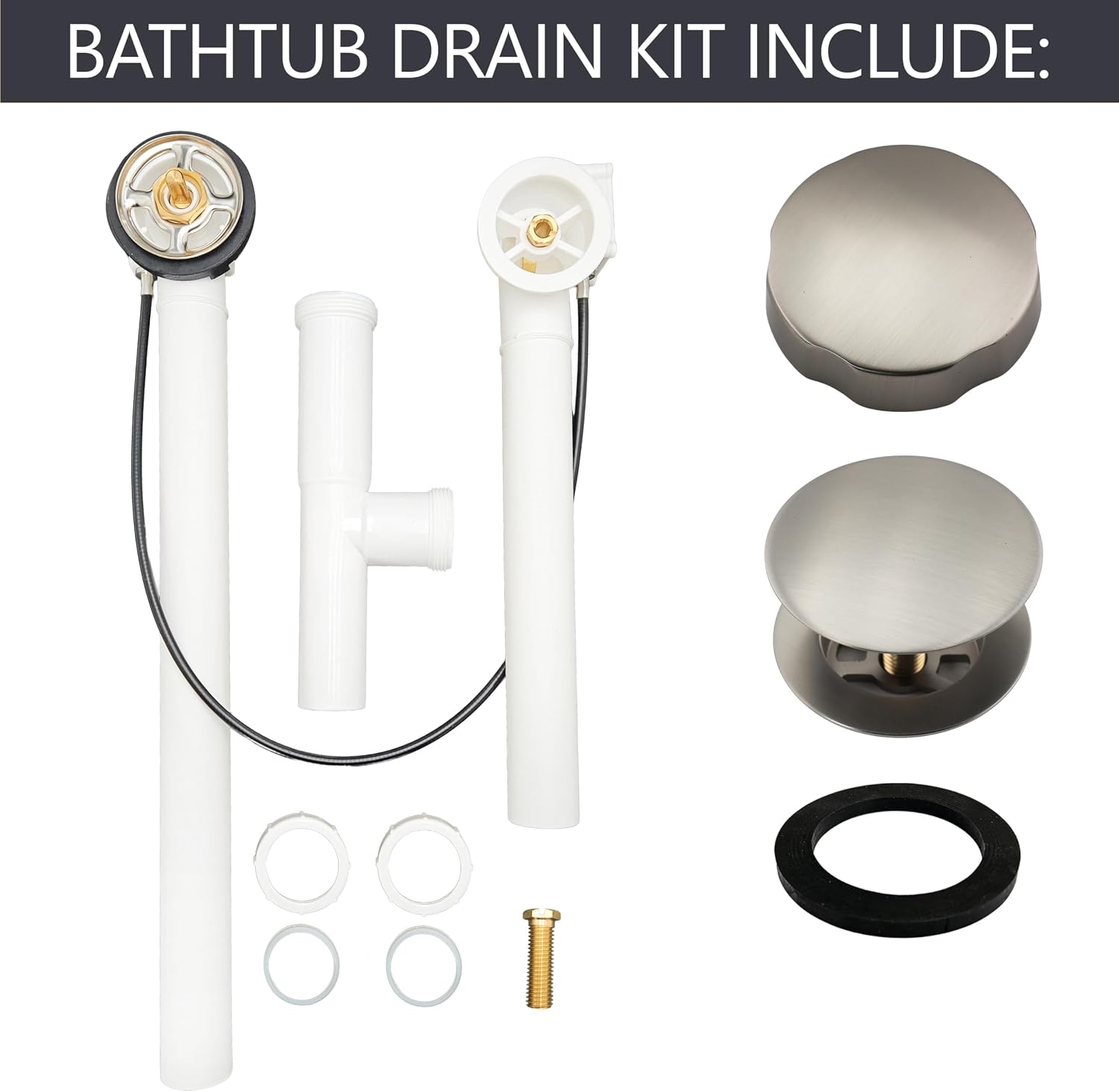 Westbrass A50P27TLE-20 27' Cable Drive Bath Drain Trim Kit with Rotary Overflow Cover Knob, European Stopper and Poly Tubular Pipes, Stainless Steel