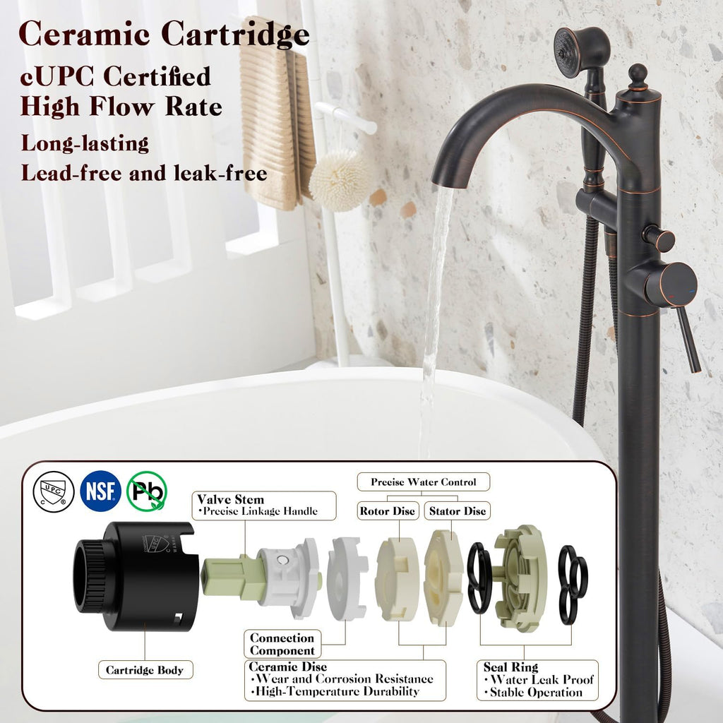 Freestanding Bathtub Faucet, Classic Free Standing Tub Faucet with Retro Handheld Sprayer High Flow Max 7.04GPM Floor Mounted Tub Fillers Swivel Spout Tub Faucets Oil Rubbed Bronze (WT-9002ORB)