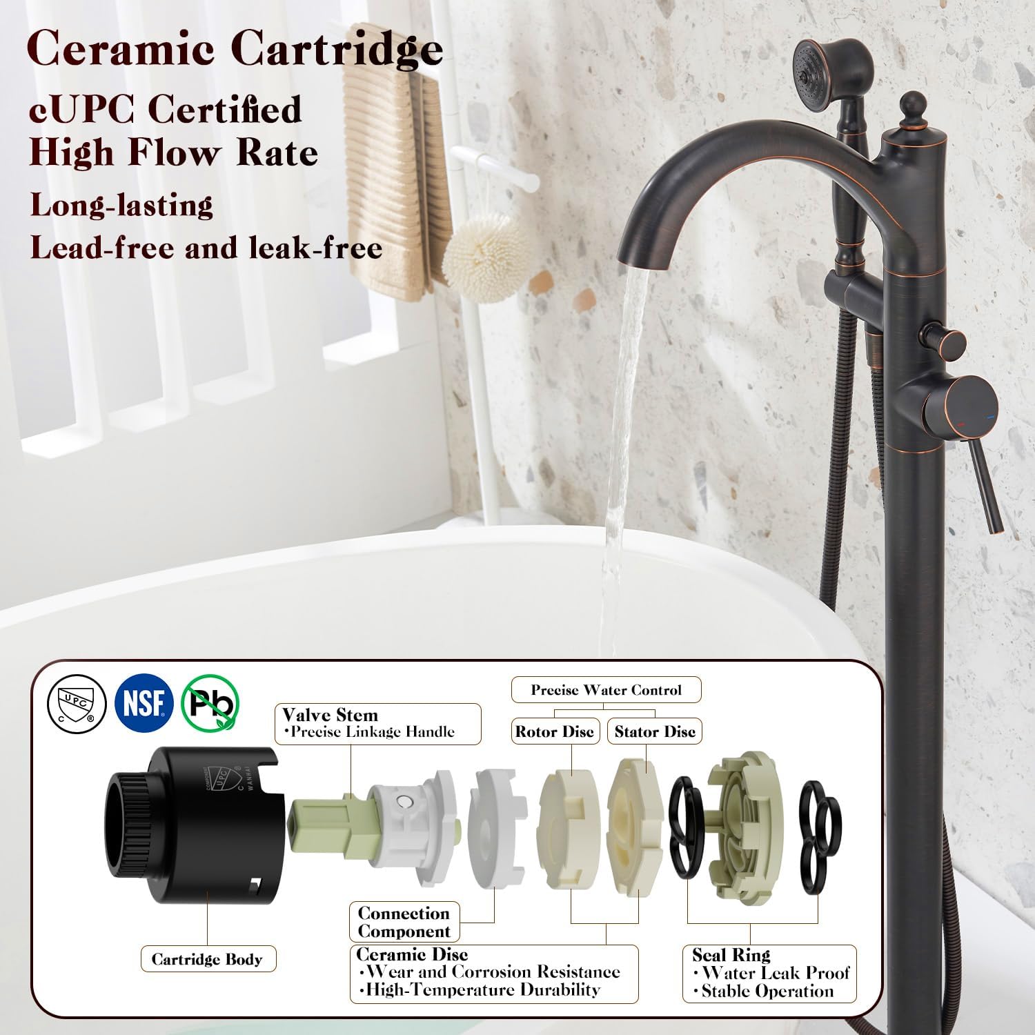 Freestanding Bathtub Faucet, Classic Free Standing Tub Faucet with Retro Handheld Sprayer High Flow Max 7.04GPM Floor Mounted Tub Fillers Swivel Spout Tub Faucets Oil Rubbed Bronze (WT-9002ORB)