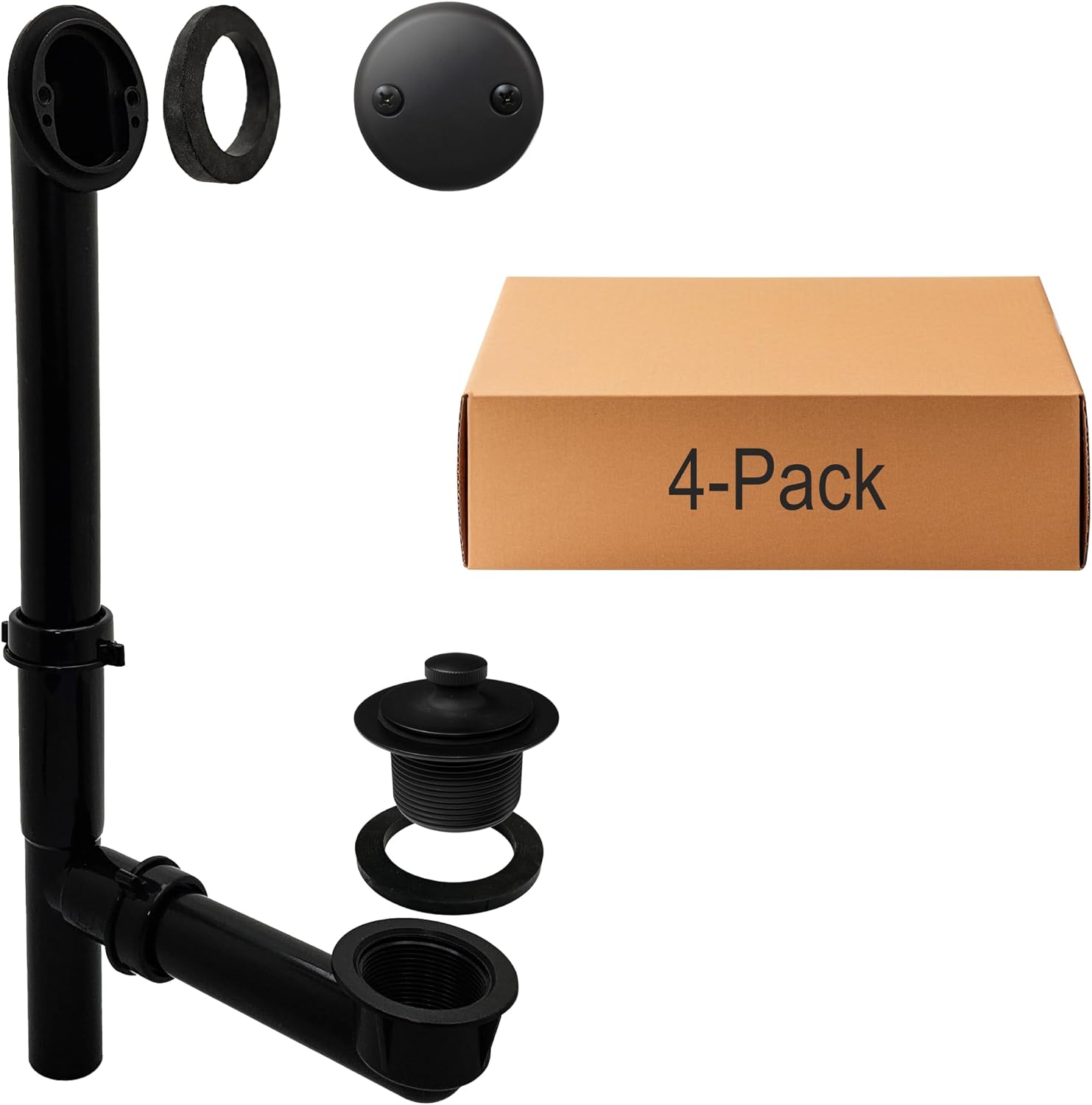Westbrass 594144-4-62 14' Black Tubular Bath Waste & Overflow Assembly with Twist & Close Drain Plug and Two-Hole Faceplate, Matte Black (4-Pack)