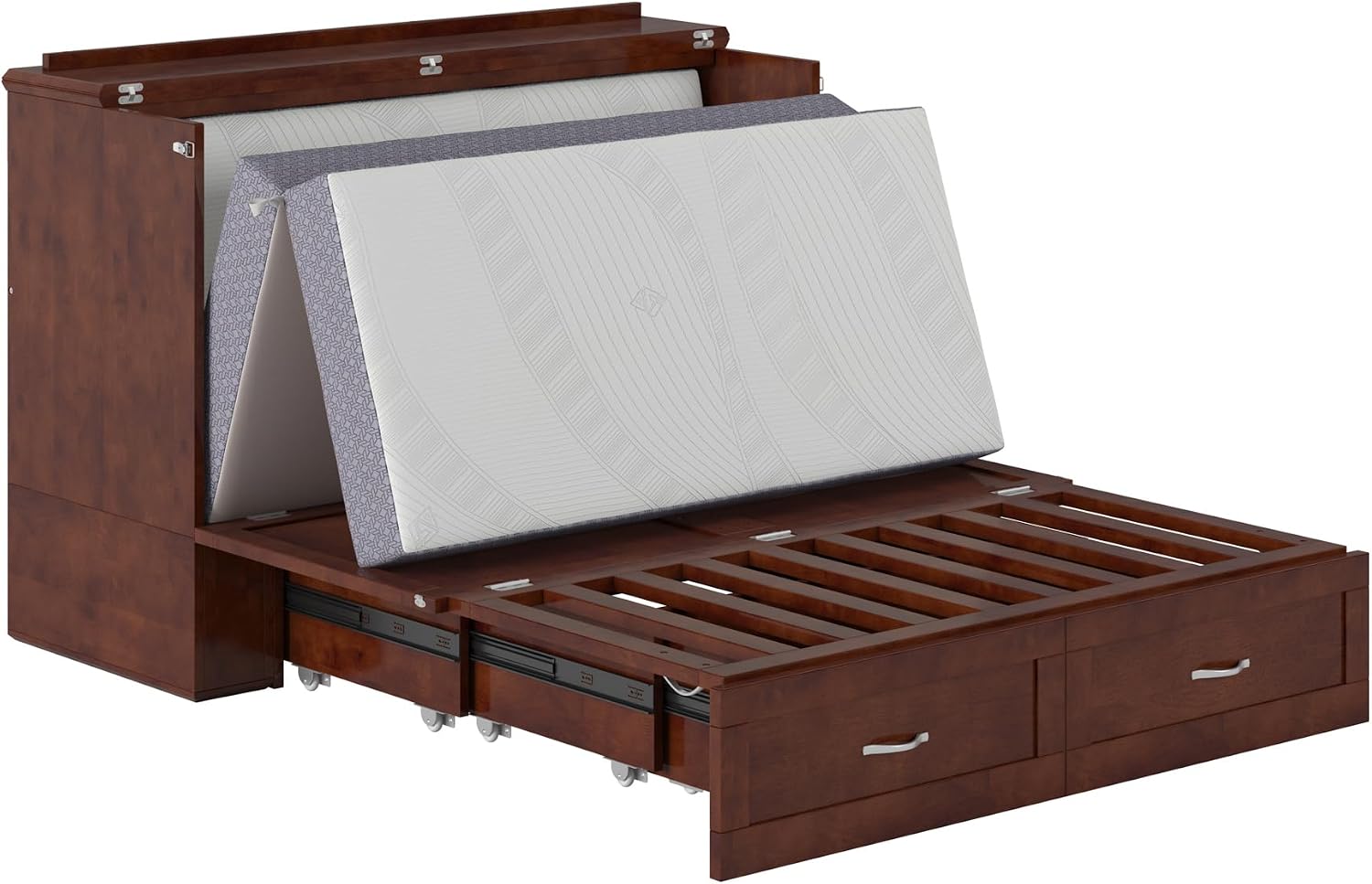 AFI Hamilton Full Murphy Bed Chest with Mattress, Storage, and Built-in Charger in Walnut