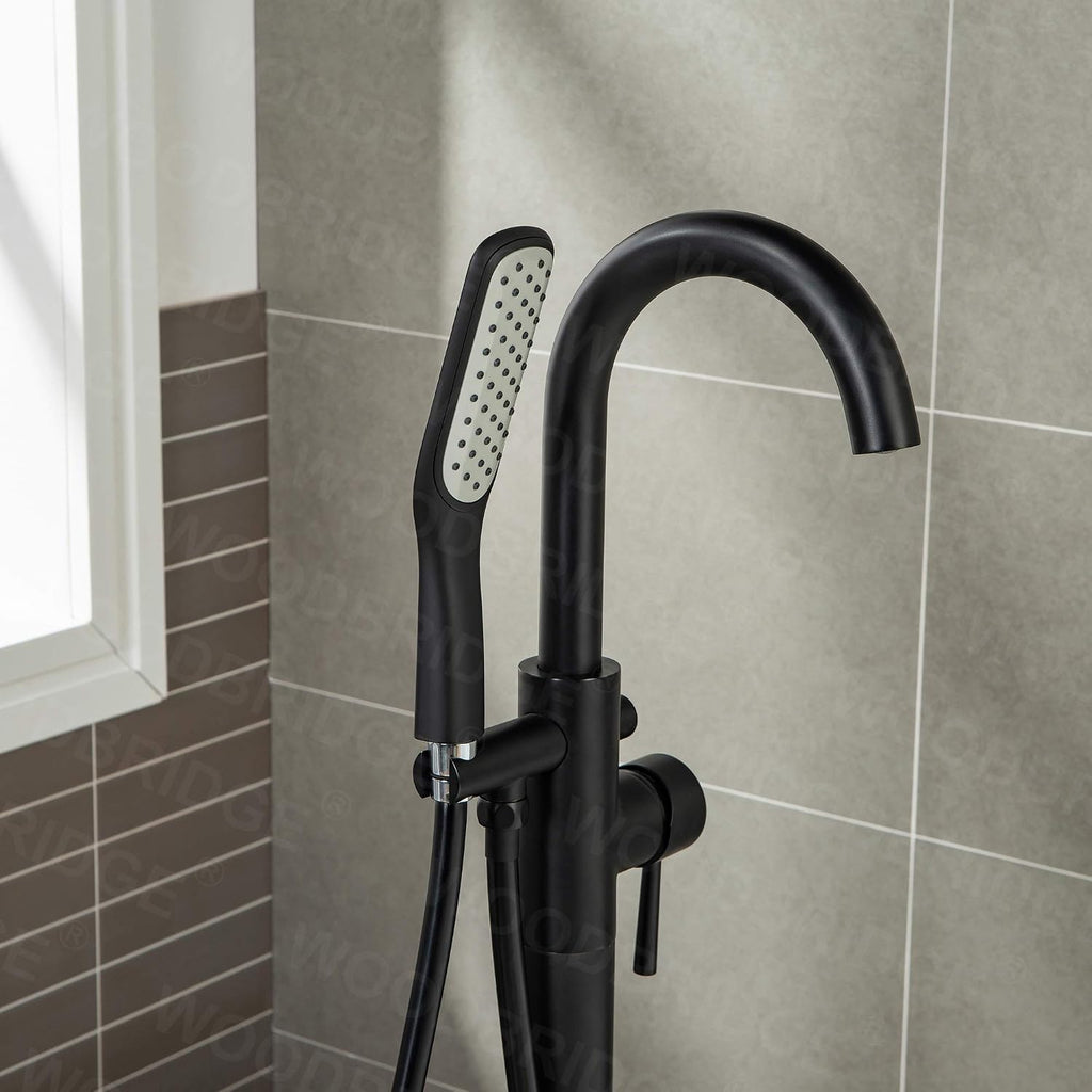 WOODBRIDGE 71'Freestanding White Acylic Soaking Bathtub with Drain Kit and Floor Mount Tub Filler in Matte Black,BTA1517 -MB-Drain &O+ F0006MBSQ