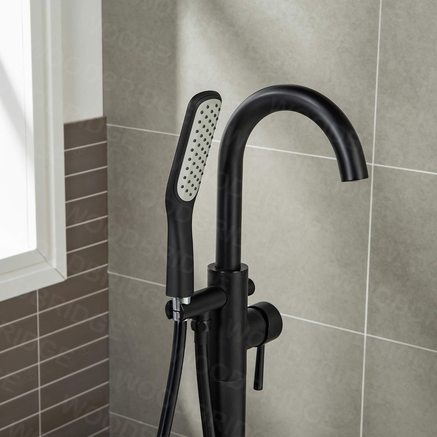 WOODBRIDGE 71'Freestanding White Acylic Soaking Bathtub with Drain Kit and Floor Mount Tub Filler in Matte Black,BTA1517 -MB-Drain &O+ F0006MBSQ