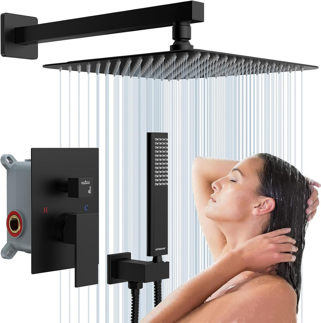 EMBATHER Black Shower System 12 Inches Shower Faucet Set with Square Rain Shower Head and Handheld For Bathroom, Matte Black Shower Combo Set Wall Mounted (Rough-in Valve & Trim Included)