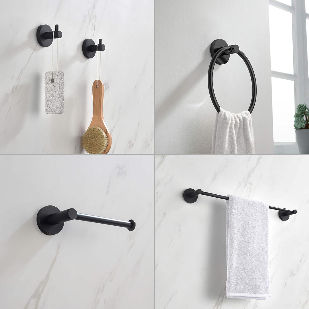 KIBI 5-Piece Bathroom Hardware Set – Wall Mounted Circular Bathroom Accessories Kit with 18 Inch Towel Bar, Towel Ring, Toilet Paper Holder & 2 Robe Hooks – Matte Black