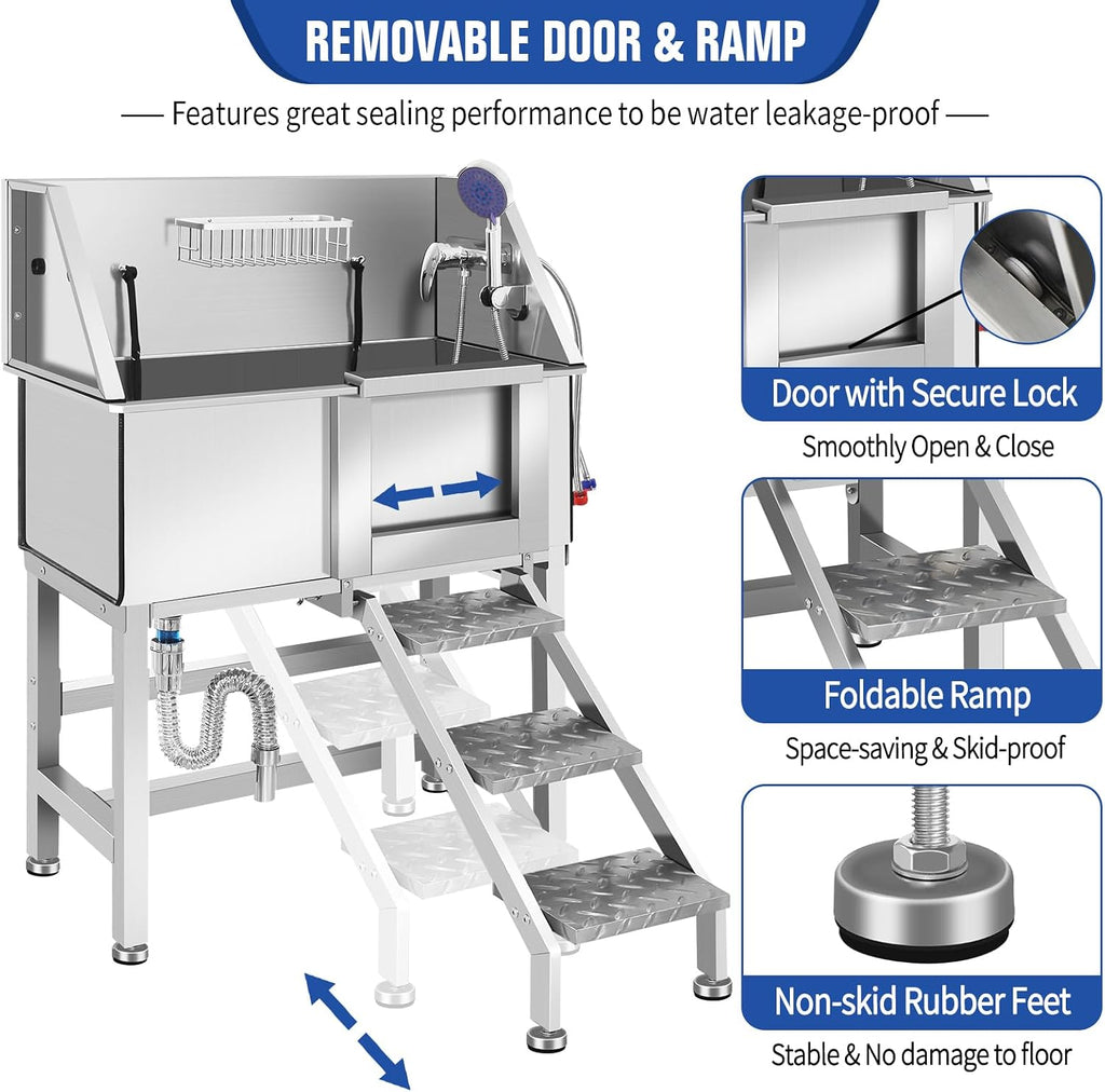 Dog Grooming Tub, L Pet Wash Station, Professional Stainless Steel Pet Grooming Tub With Ramp, Faucet, Sprayer, And Drain Kit