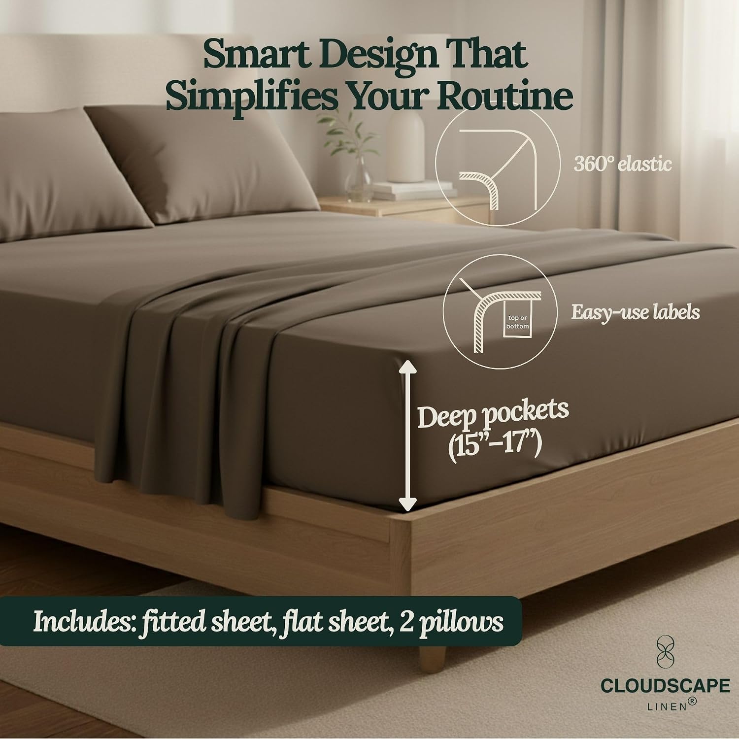 CLOUDSCAPE 100% Egyptian Cotton Sheets Full Size, 4 Pieces Breathable and Naturally Cooling Bedding Set, Long-Staple Cotton for Lasting Softness, Deep Pocket Fitted up to 16' Full Sheet, Taupe