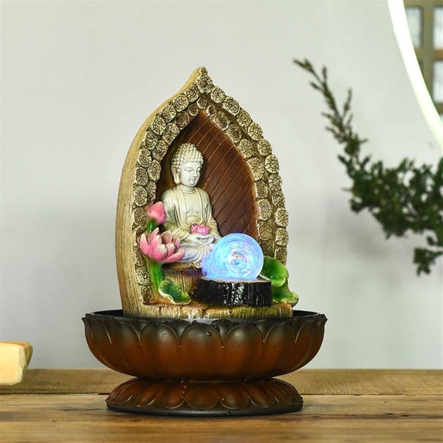HIHELO Desktop Fountain Table Top Decoration Running Water Fountain Buddha Statue Waterscape Decoration Tabletop Fountain with Feng Shui Ball Water Fountain Outdoor
