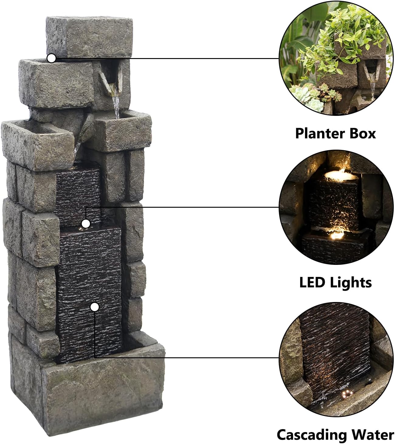 YZM 42.72' H Modern Stacking Bricks Water Fountain Outdoor Cascading Waterfall Fountains with Led Lights for Gardens Landscaping Patios Balconies and Lawns Decor for Outside