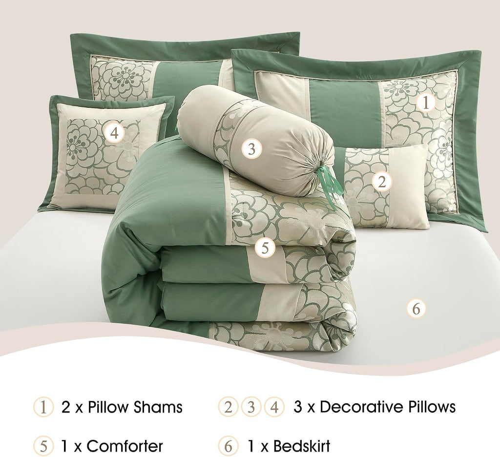 Stratford Park Green Comforter Set California King Size, 7 Piece Jacquard Soft Bedding Set, All Season, Bedskirt, Pillows & Shams