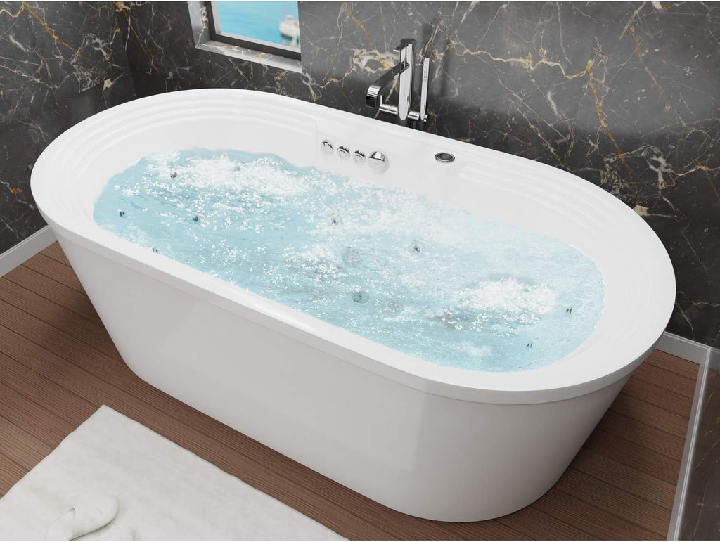 ANZZI Freestanding Tub 34' x 67', Center Drain Whirlpool and Air Bath Tub in White, Whirlpool Jetted, Aromatherapy, Sofi Series (FT-AZ201)
