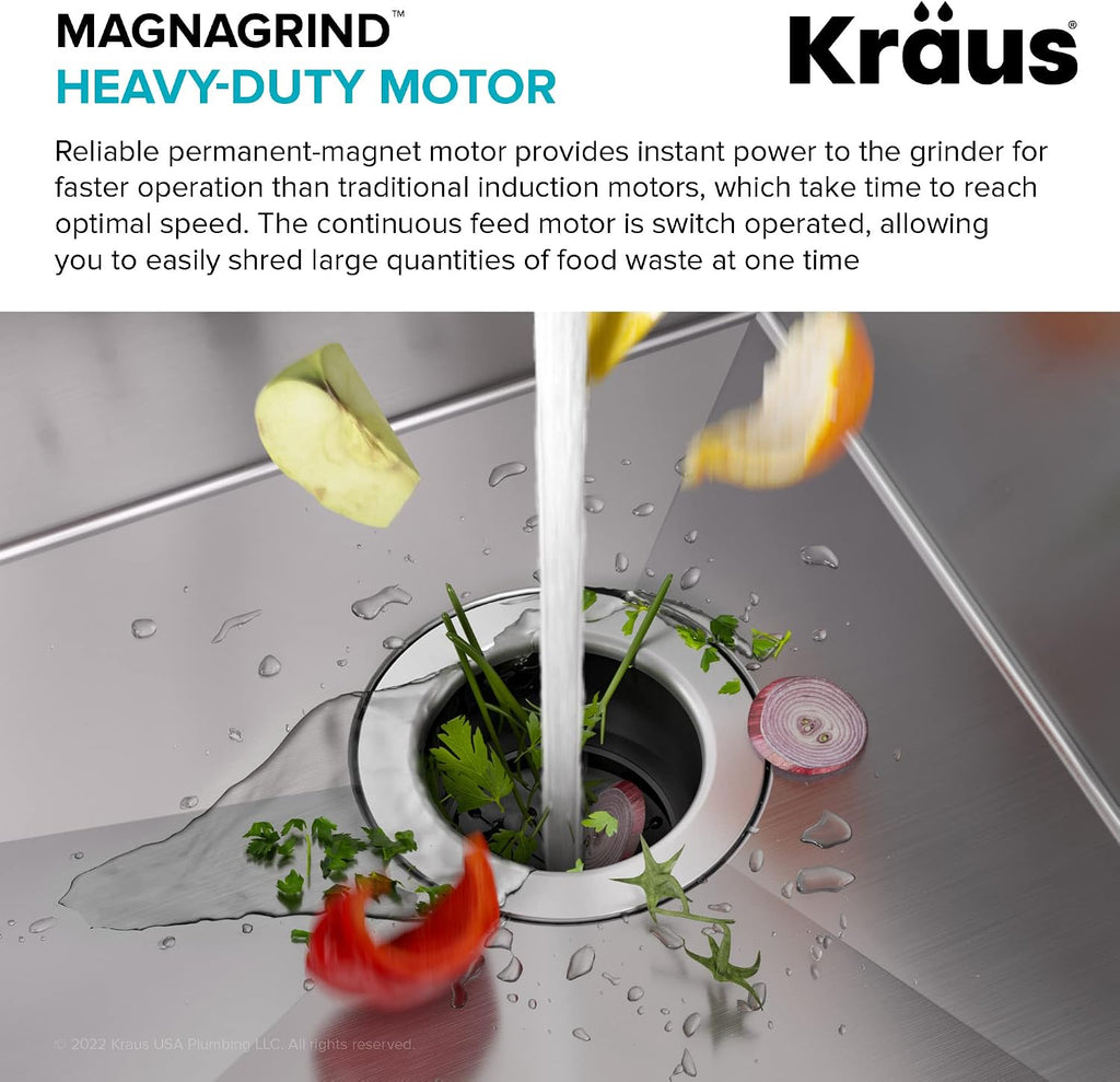 KRAUS WasteGuard 1 HP Ultra-Quiet Garbage Disposal with Quick Connect, Kitchen Sink Drain Cover, Power Cord and Flange Included, KWD100-100MBL