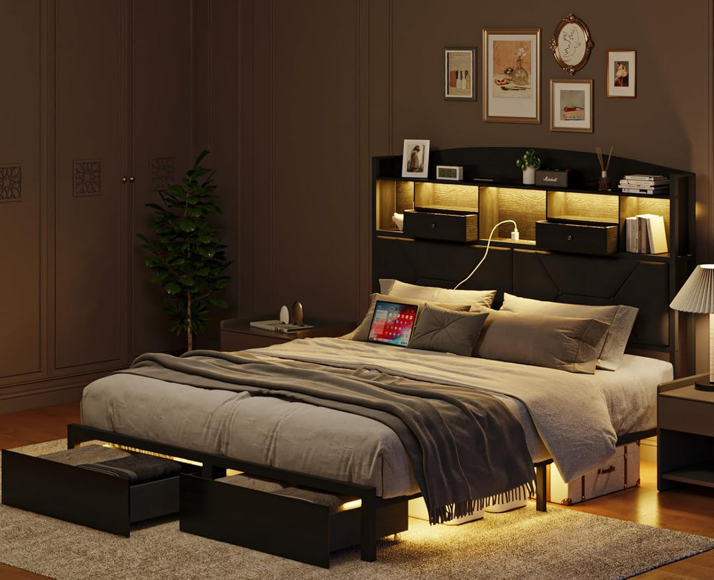 DOGIBIXO Queen Size Black Bed Frame with 4 Storage, Upholstered Velvet Platform Bed Frames with Button Tufted Headboard Led Lights, Wooden Slats Support, No Box Spring Needed, Black