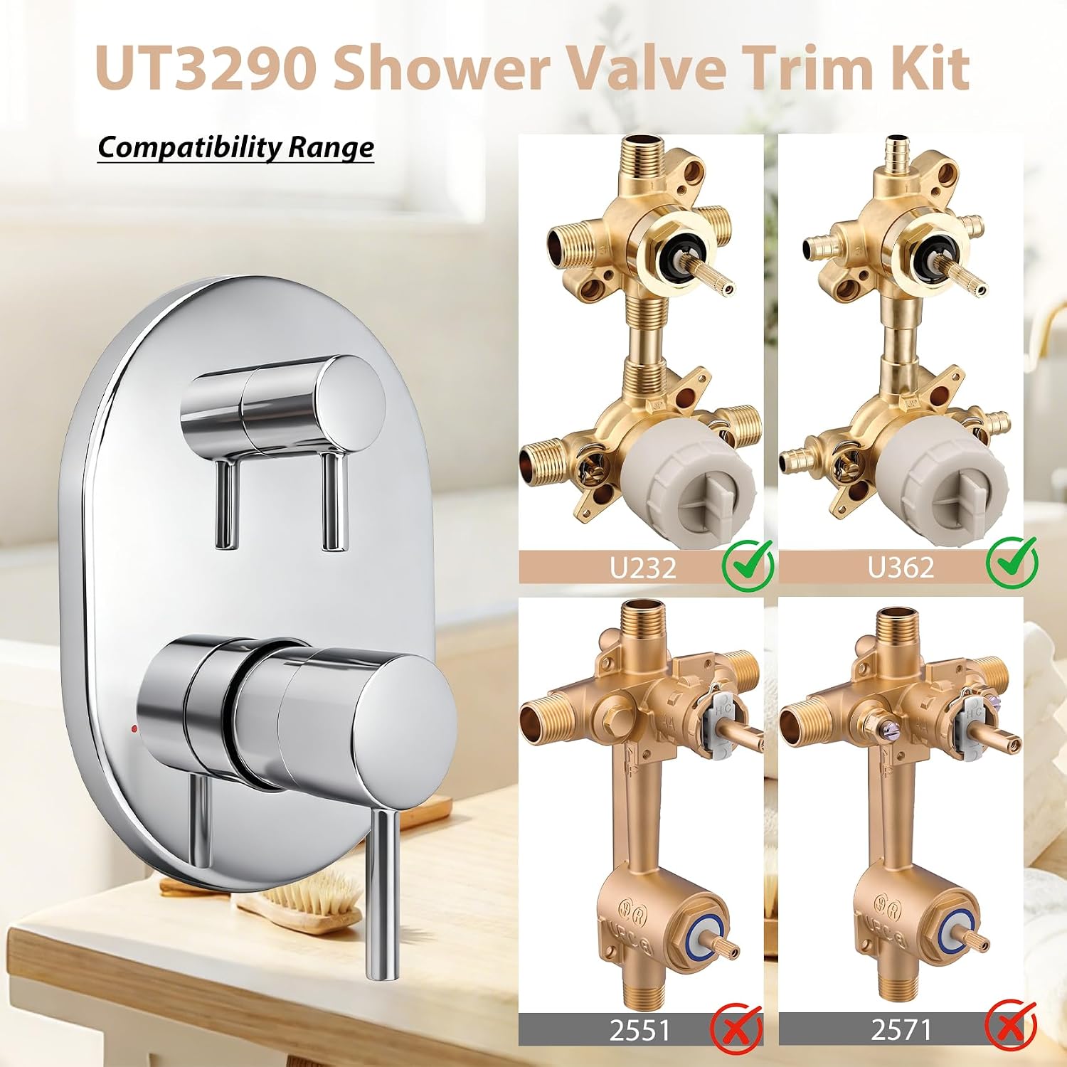 UT3290 Shower Valve Trim Kit for Moen Align Chrome M-CORE 3-Series 2-Handle Shower Faucet Trim, for Shower Handle UT3290BL UT3290BN UT3290BG, Include 1213 Cartridge, U232 U362 Valve Required. -2 Year
