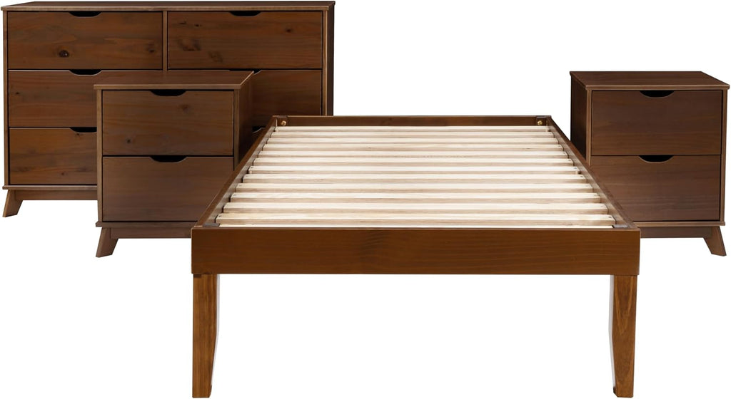 Powell Fordham Walnut Solid Pine Wood Twin Sized Platform Bed with Six Drawer Dresser and Set of 2 Two Drawer Nightstands