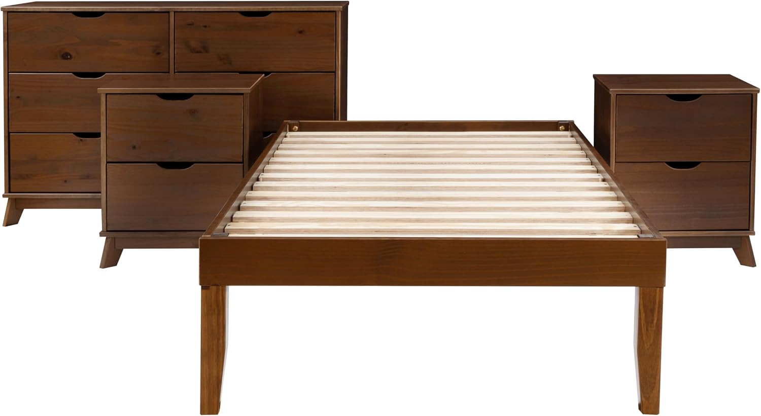 Powell Fordham Walnut Solid Pine Wood Twin Sized Platform Bed with Six Drawer Dresser and Set of 2 Two Drawer Nightstands