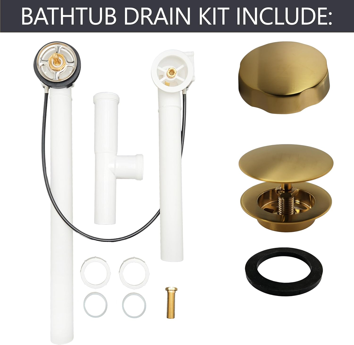 Westbrass A50P27TLE-18 27' Cable Drive Bath Drain Trim Kit with Rotary Overflow Cover Knob, European Stopper and Poly Tubular Pipes, Brushed Bronze