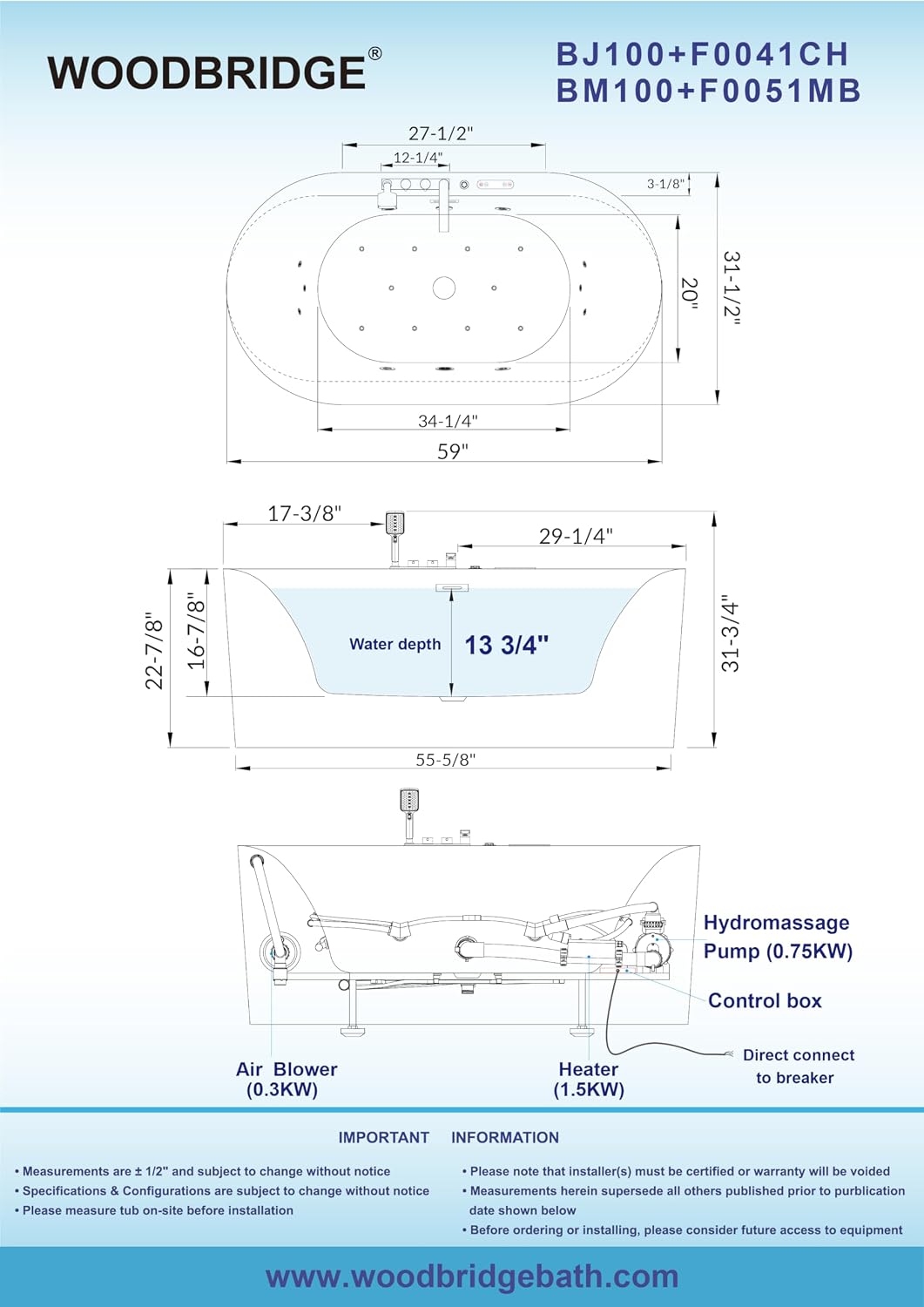 WOODBRIDGE 59' x 31-1/2' Whirlpool and Air Bath Heated Soaking Combination Tub with Adjustable Speed Air Blower, Tub Filler, and LED control panel, Matte Black Finish Trim and Drain Kit, BM100+F0051MB