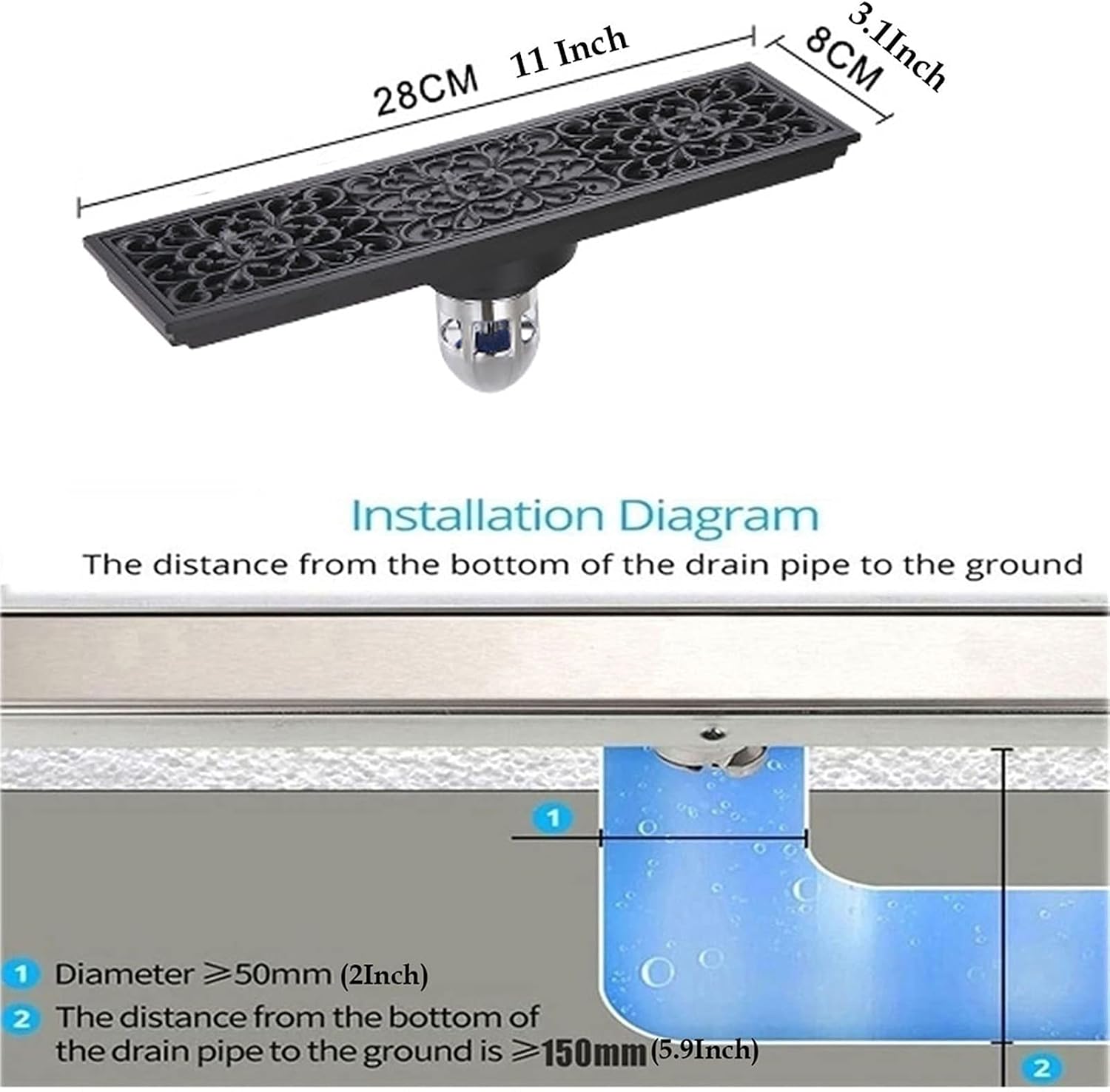 Linear Shower Drain with Hair Strainer, Brass Rectangle Shower Floor Drain with Removable Cover, Floor Drainer for Kitchen Washroom Garage and Basement, 11Inch (White)