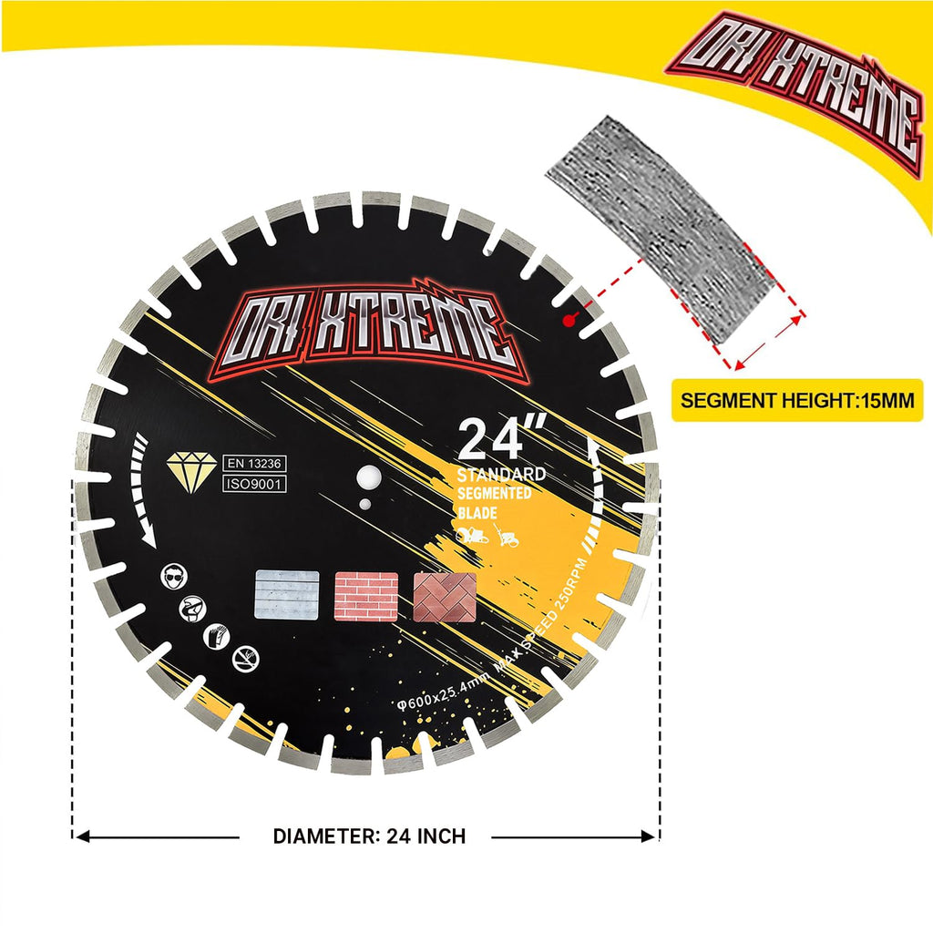 24 Inch Diamond Concrete Saw Blade, Segmented General Purpose Blade Dry/Wet Cutting Concrete, Reinforced Concrete, Green Concrete, Masonry 1' Arbor