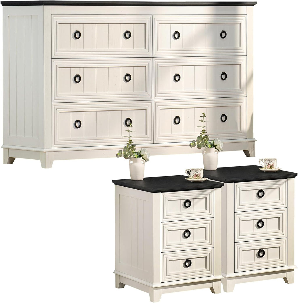 Joaxswe Farmhouse Dresser and Nightstand Sets 3 Piece, Nightstands Set of 2 and 6 Drawers Dressers for Bedroom, 54' Wide Dresser and 18' Inch Night Stand Set for Bedroom, Living Room, Hallway