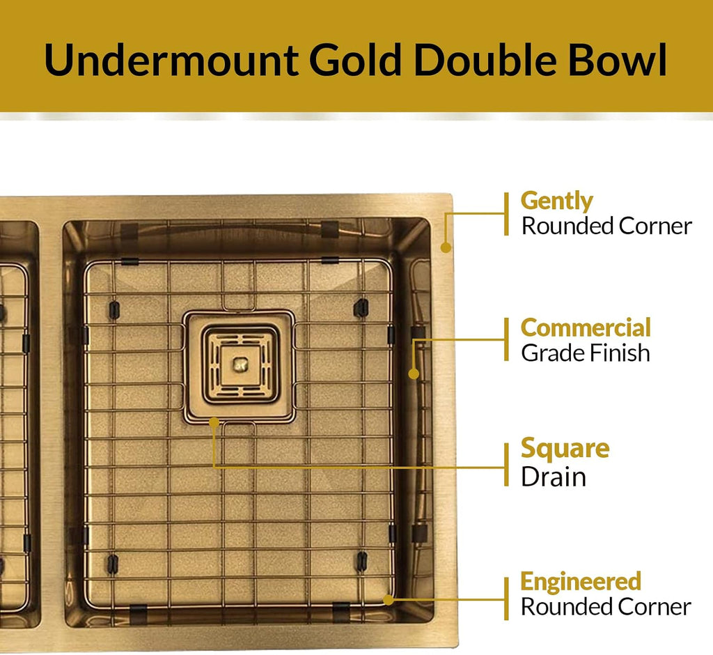 Strictly Sinks 32 Inch Undermount Double Bowl Kitchen Sink – Gold Kitchen Sink Designer Shelf Accessory 16 Gauge Stainless Steel – With Bottom Grid, 1 Disposal Adapter and 2 Strainer Drains