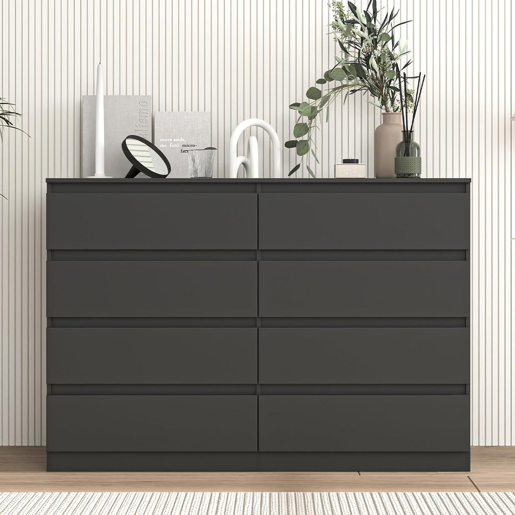 Vibe & Dine 8 Drawer Double Dressser, Modern Chest of Drawers with Wide Storage for Closet, Bedroom, Living Room, Black